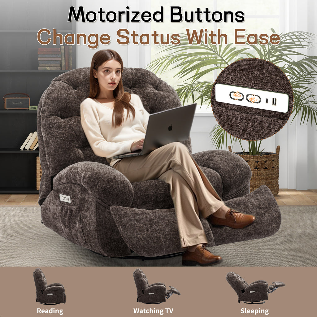 Oversized Swivel Recliner Chair, Nursery Rocking Power Recliner Chair for Adults, Electric Recliner, Comfortable Soft Shell Shaped Recliner with USB Ports and Storage for Living Room
