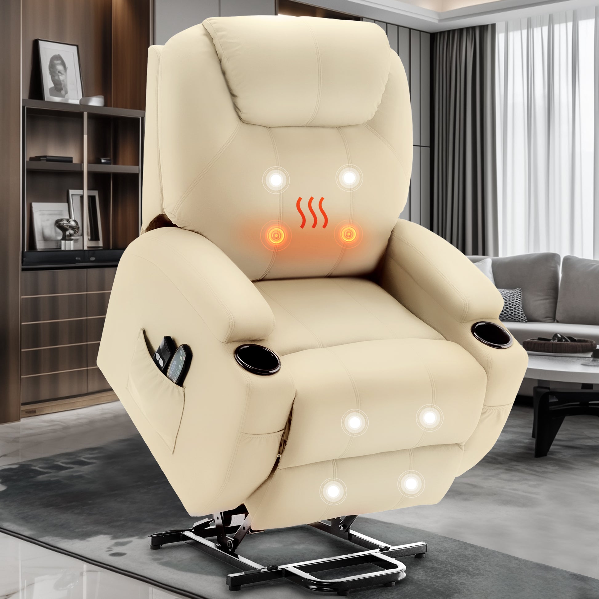 Electric Recliner with Massage and Heating, Power Lift Recliner Chair for Elderly and Adults, Modern Reclining Chair with Remote Control, Cup Holder, and Performance Fabrics