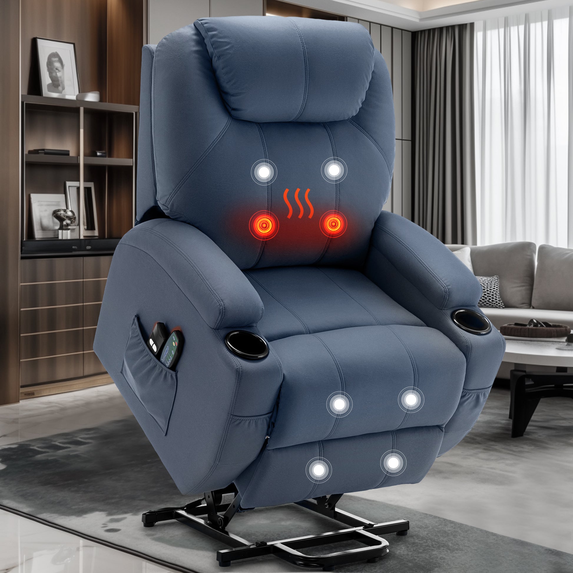 Electric Recliner with Massage and Heating, Power Lift Recliner Chair for Elderly and Adults, Modern Reclining Chair with Remote Control, Cup Holder, and Performance Fabrics