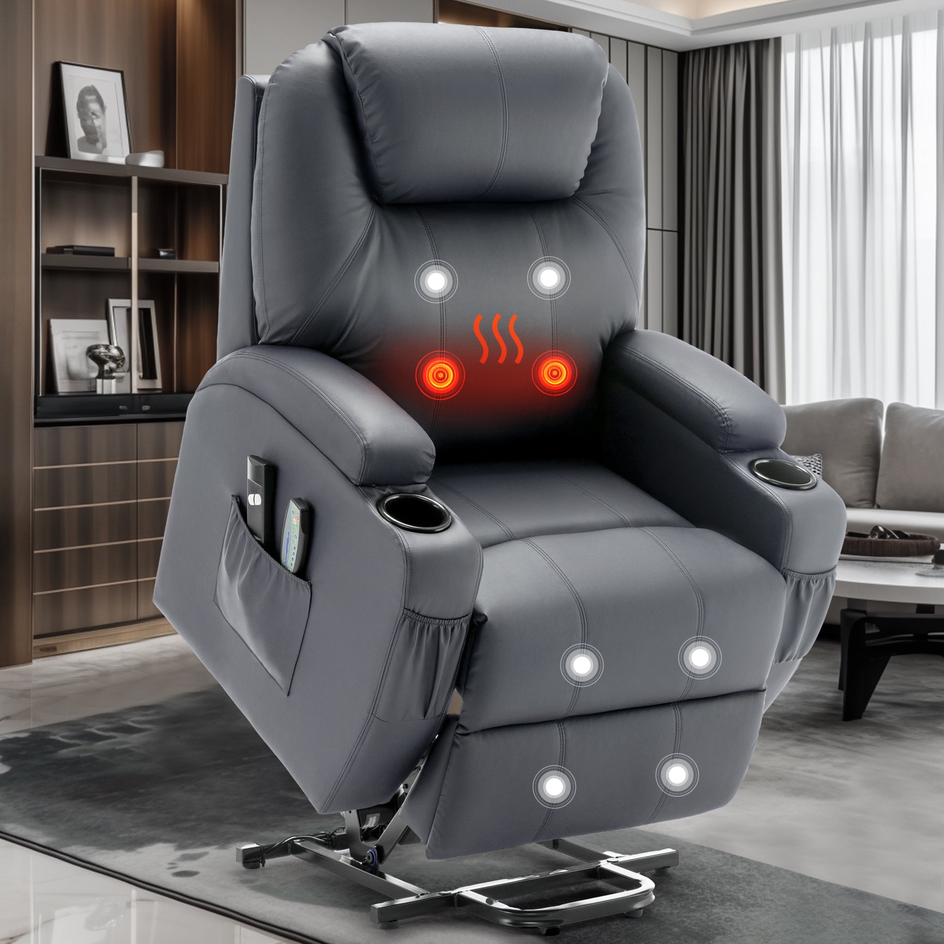 Electric Recliner with Massage and Heating, Power Lift Recliner Chair for Elderly and Adults, Modern Reclining Chair with Remote Control, Cup Holder, and Performance Fabrics