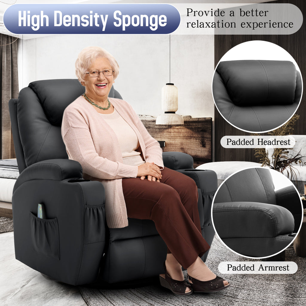 Senior woman seated in a plush recliner chair featuring high density sponge, padded headrest, and armrests for optimal relaxation.
