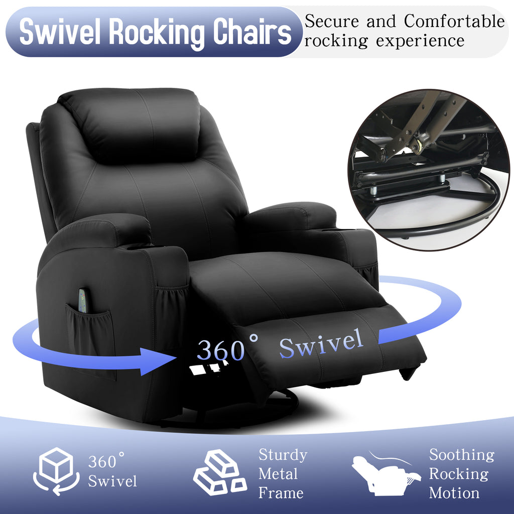 Black swivel rocking chair with reclining feature, remote control option, and sturdy frame for comfort and relaxation.