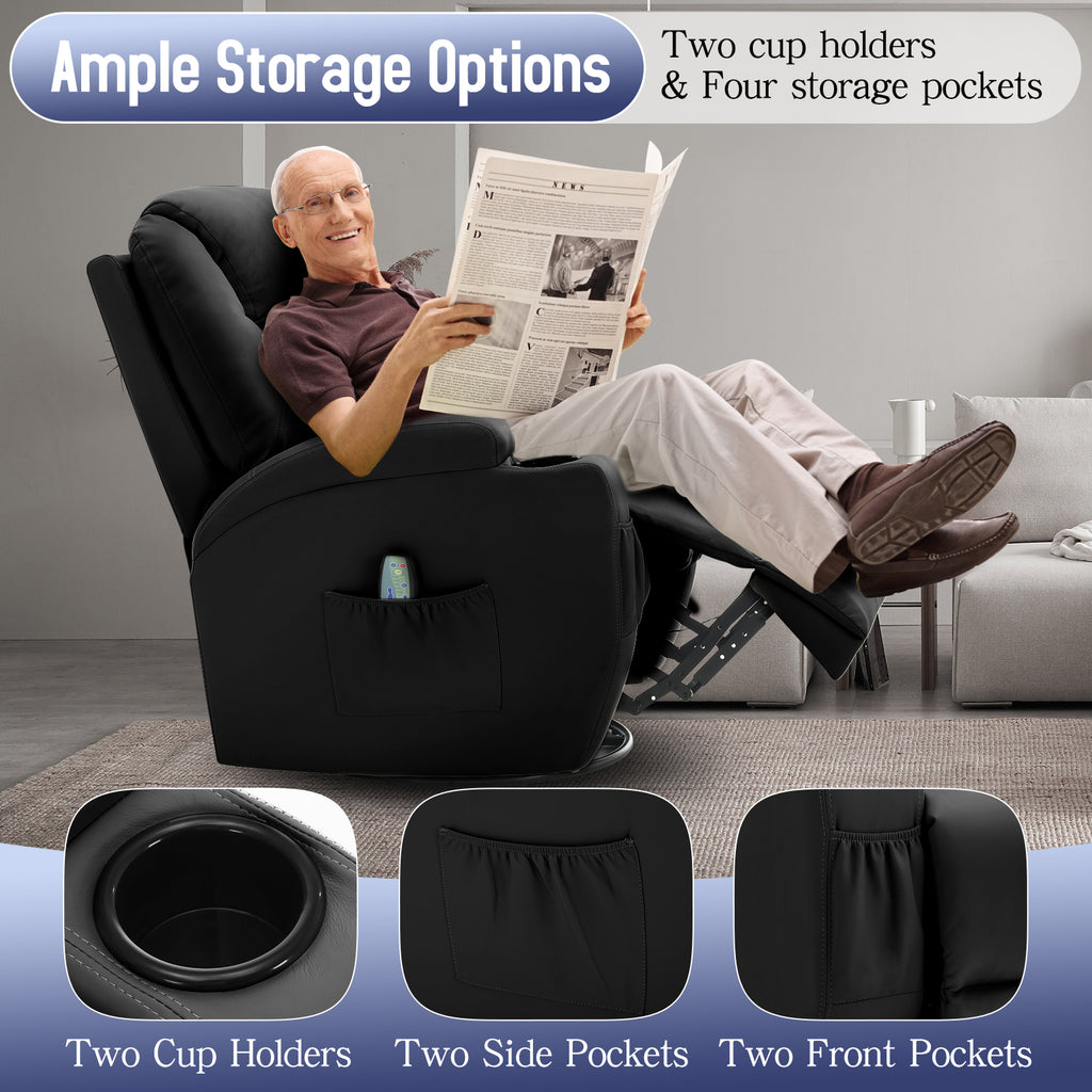 Recliner chair with two cup holders and four storage pockets, perfect for living room relaxation.