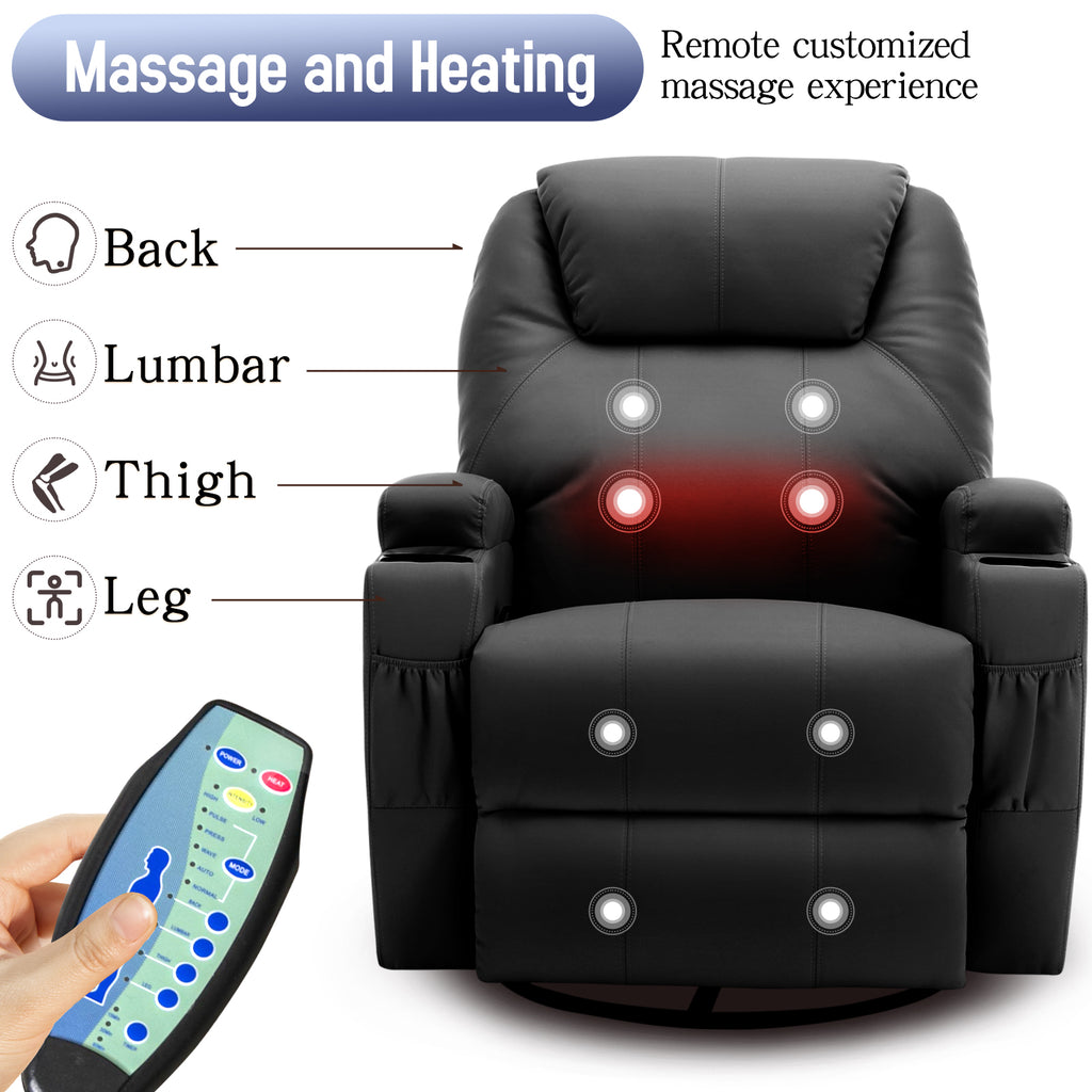 Recliner chair with remote showing massage points for back, lumbar, thighs, and legs, highlighting massage and heating features.