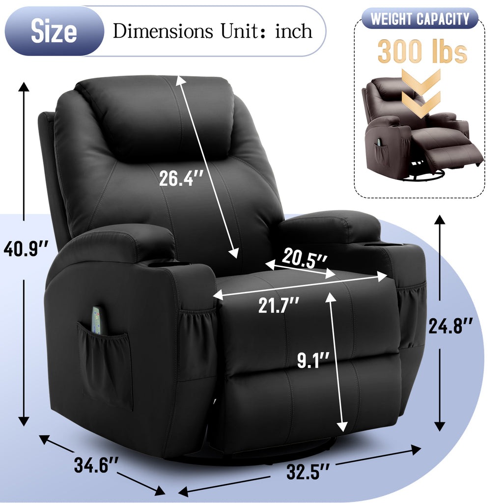Dimensions of a black recliner chair with labels for size and weight capacity, showing 300 lbs limit.
