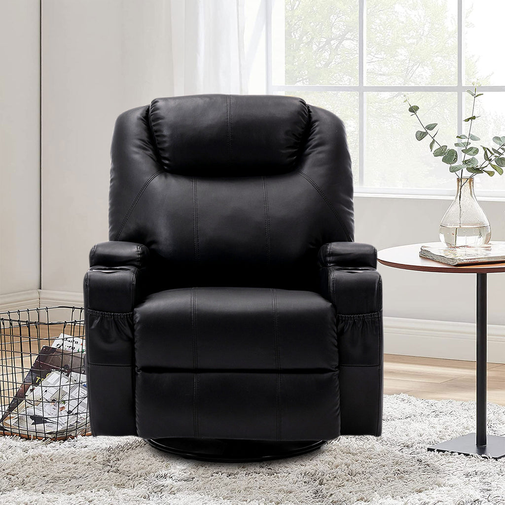 Black rocking recliner chair with 360° swivel, remote control, and stylish design for living room relaxation.