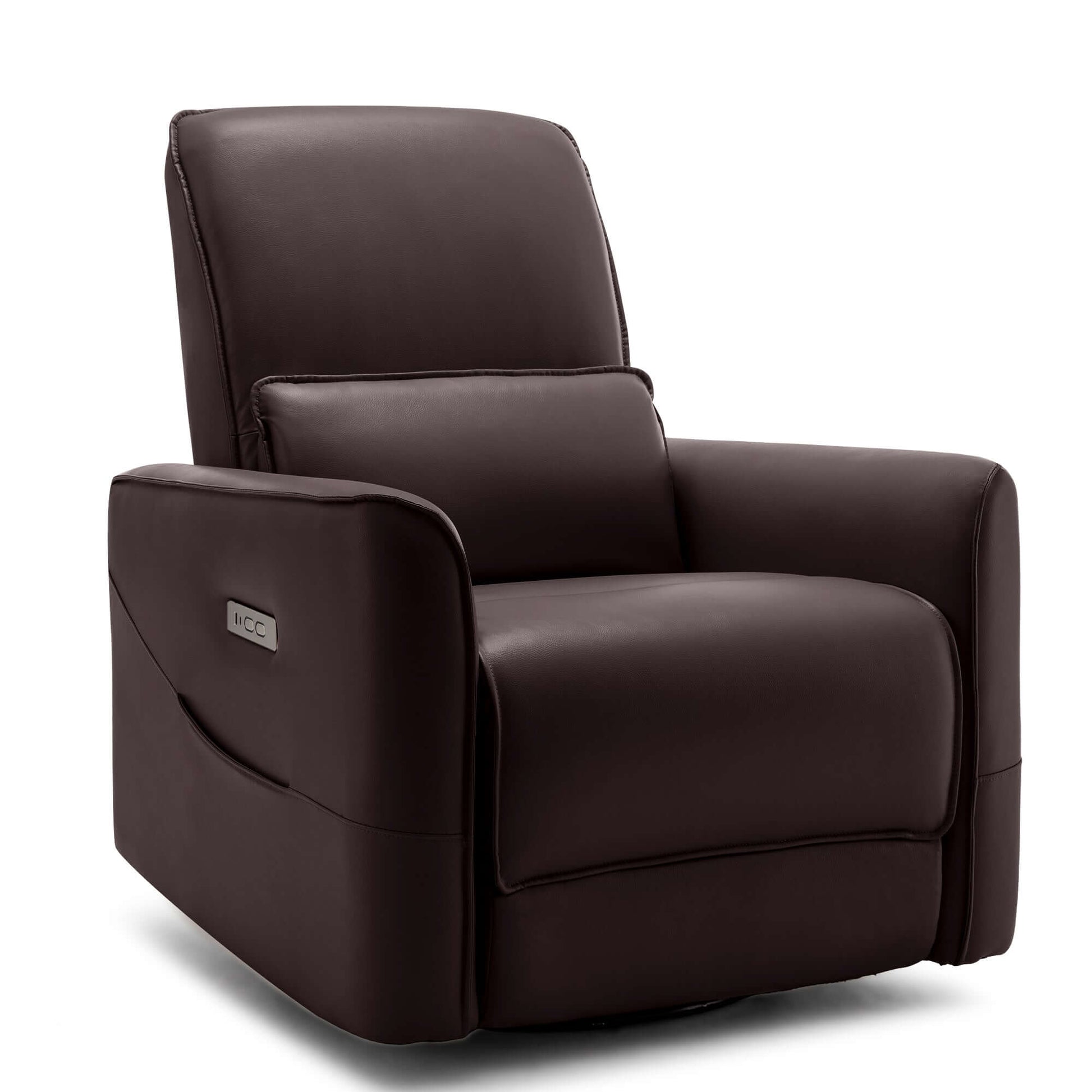 Electric swivel recliner chair in dark faux leather, perfect for nursery rocking and relaxation.