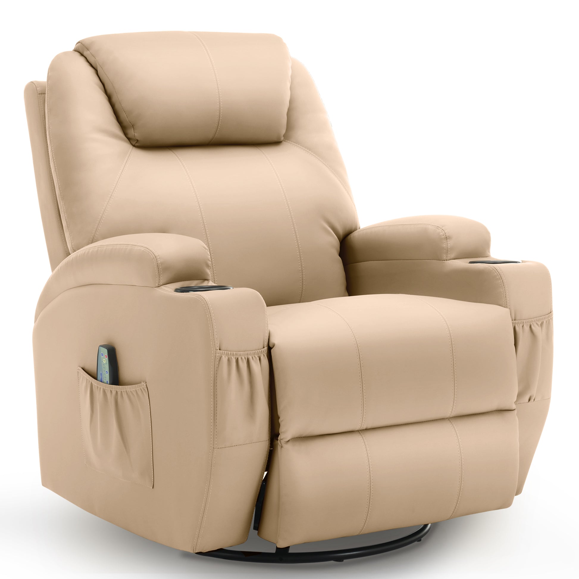 Beige recliner rocking chair with massage, heat, swivel, and remote control for ultimate relaxation.
