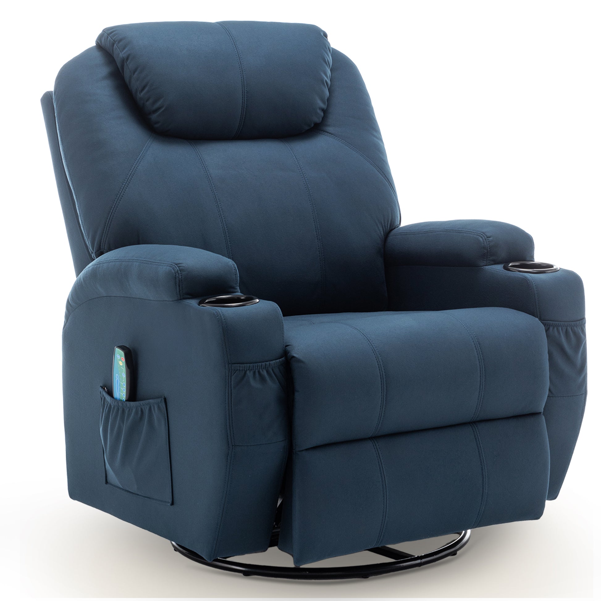 Comfortable navy blue recliner chair with remote control, massage features, cup holders, and a 360° swivel design.