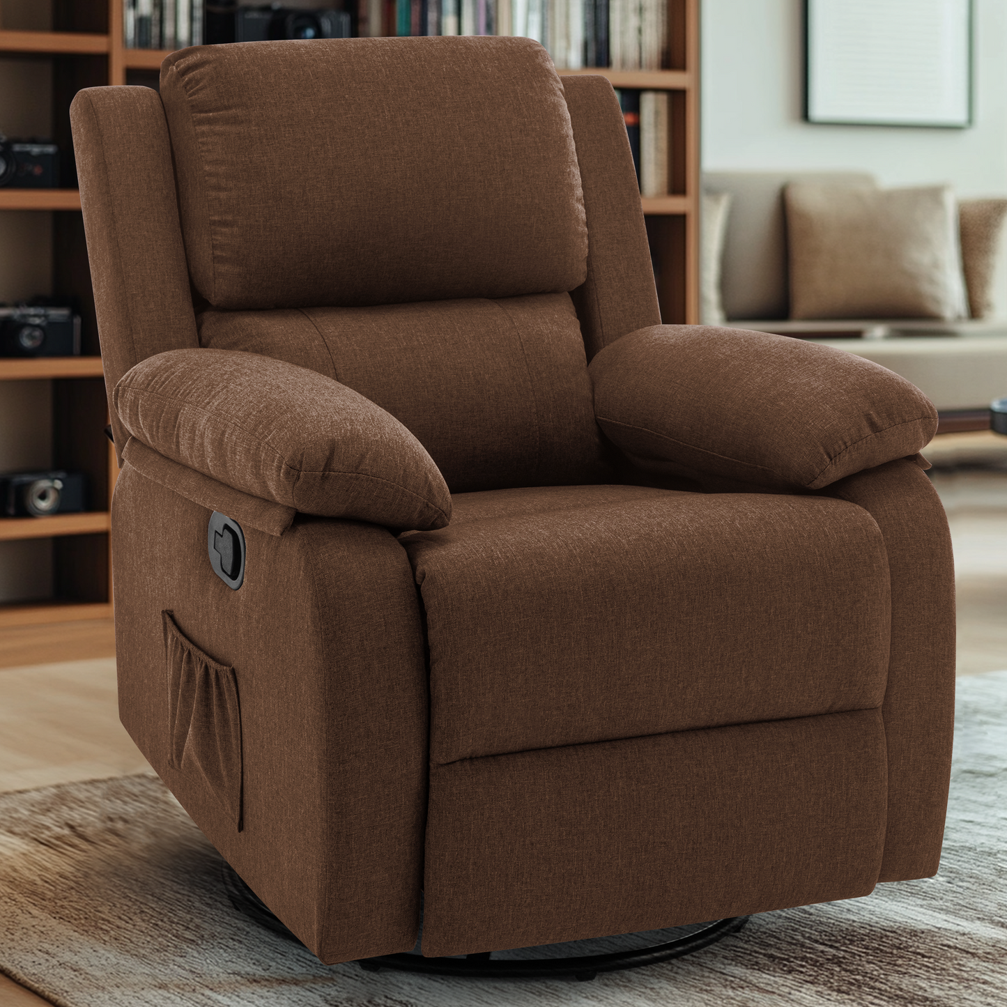 Recliner Chair, 360 Swivel Rocker Chair for Adults, Small Rocking Recliner Chair for Small Spaces, Upholstered Fabric Recliner Chair with Side Pockets for Living Room