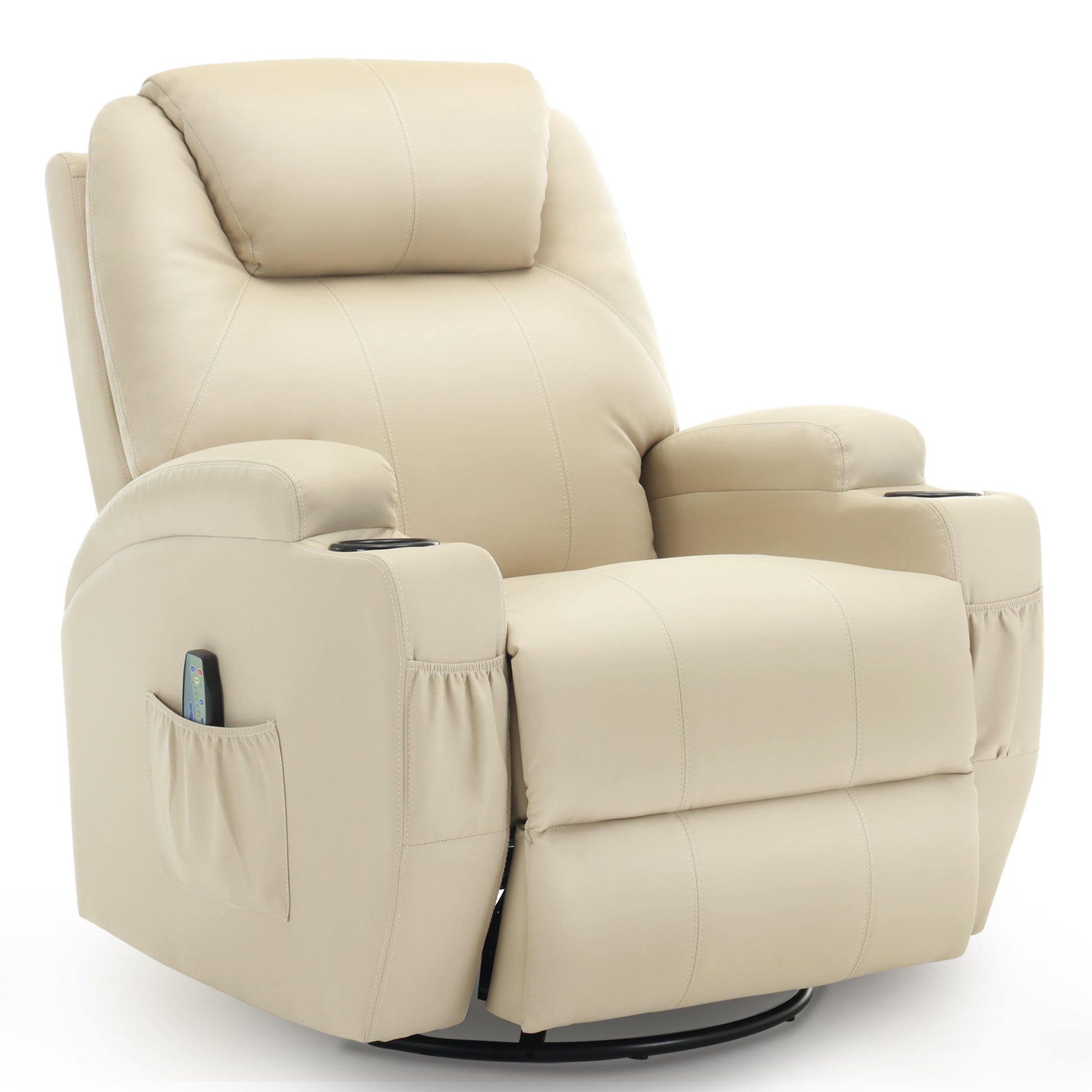 Comfortable beige recliner chair with massage, heat features, remote control, and cup holder for relaxing in the living room.